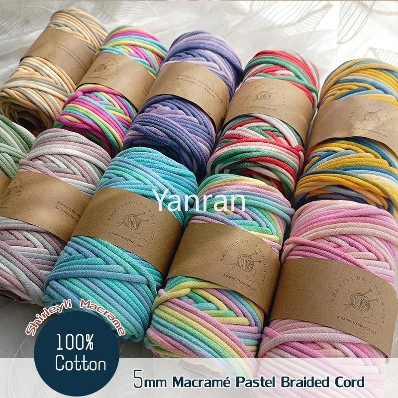 4.5mm Macrame Braided Cords  100% Premium Cotton Rainbow Pastel Variegated Macrame Rope for Kechians Dog Leash 60Yds/ 55M
