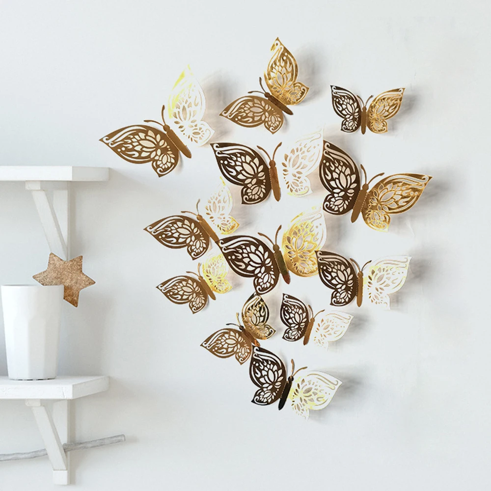 3D Metallic Fake Butterfly Decals Home Wall Stickers Birthday Christmas Decorations Decor Gold/Silver/Rose Gold