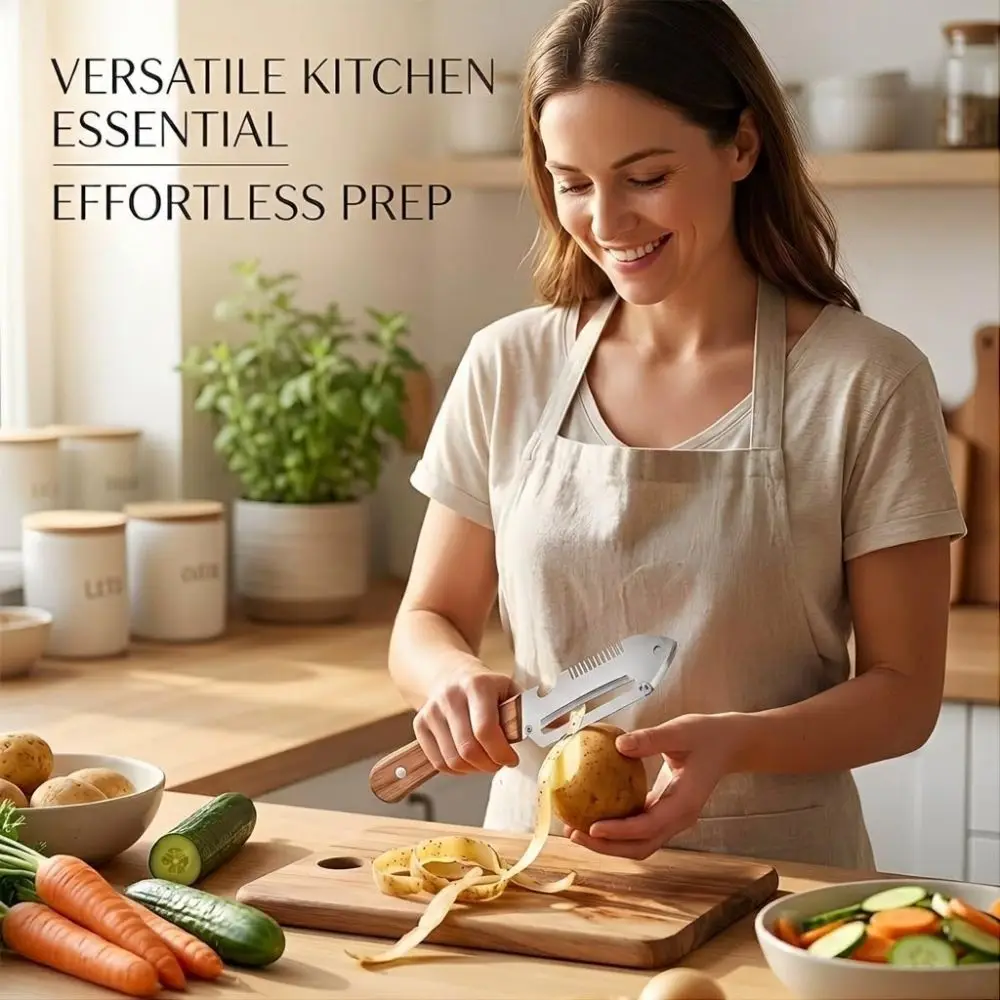 Pelador de Verduras 3 en 1 de Acero Inoxidable con Mango de Madera, Rallador de Cocina Resistente a la Corrosión, Herramienta de Pelado de Grado Profesional