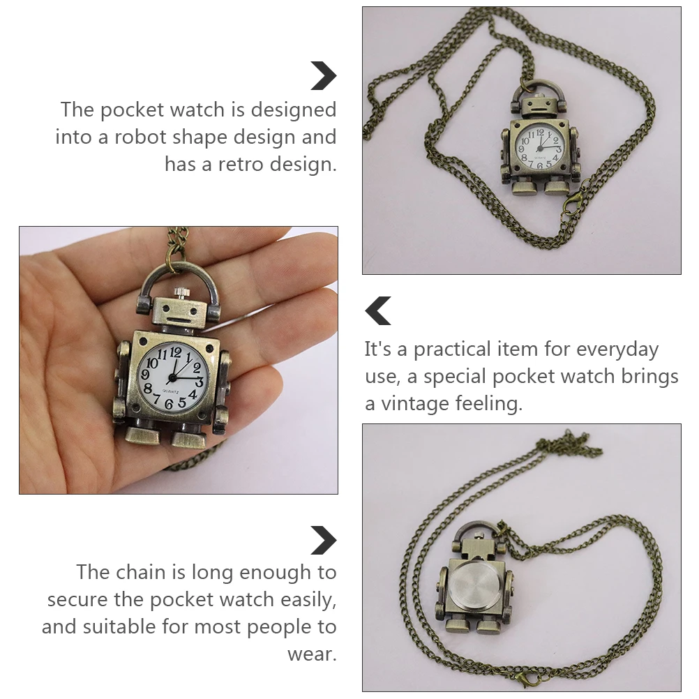 Retro Robot Zegarek Kieszonkowy Naszyjnik Vintage Metalowy Design Długi Łańcuszek Zegarki Męskie Przenośny Lekki Pomysł na Prezent Zegarek Kieszonkowy