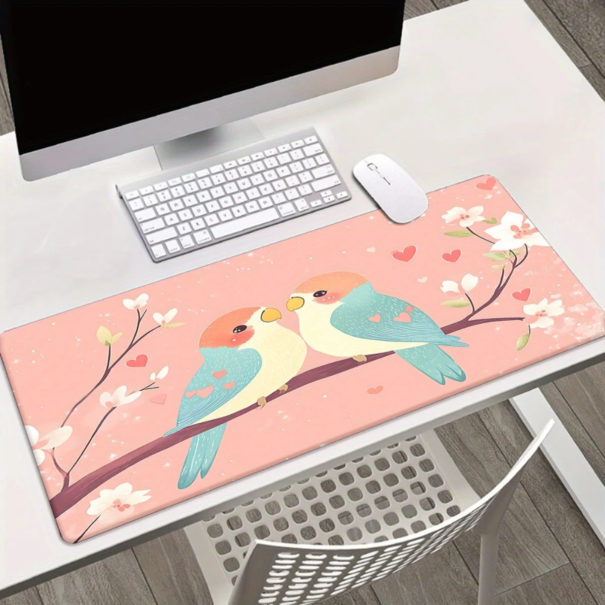 Cute Love Birds Blossom Branch XXL Gaming Mouse Pad Romantic Spring Desk Mat Non Slip Rubber