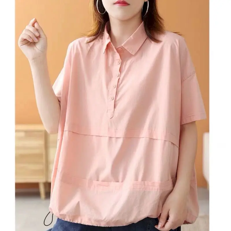 

100% Cotton T Shirt Women Short Sleeve Shirt Loose Oversized Slim Solid Color Lapel Casual Top 2024 Summer Trend Artistic Tshirt