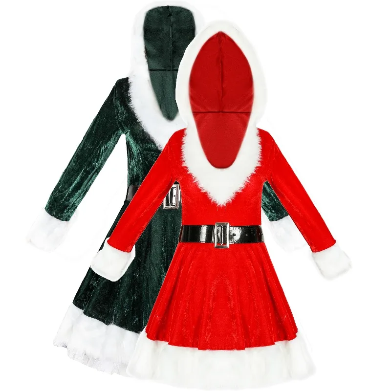 Christmas Dress Women's Sexy V-Neck Hooded Santa Costume Role Play Party Outfit Festive Performance Stage Gown  with Waist Tie