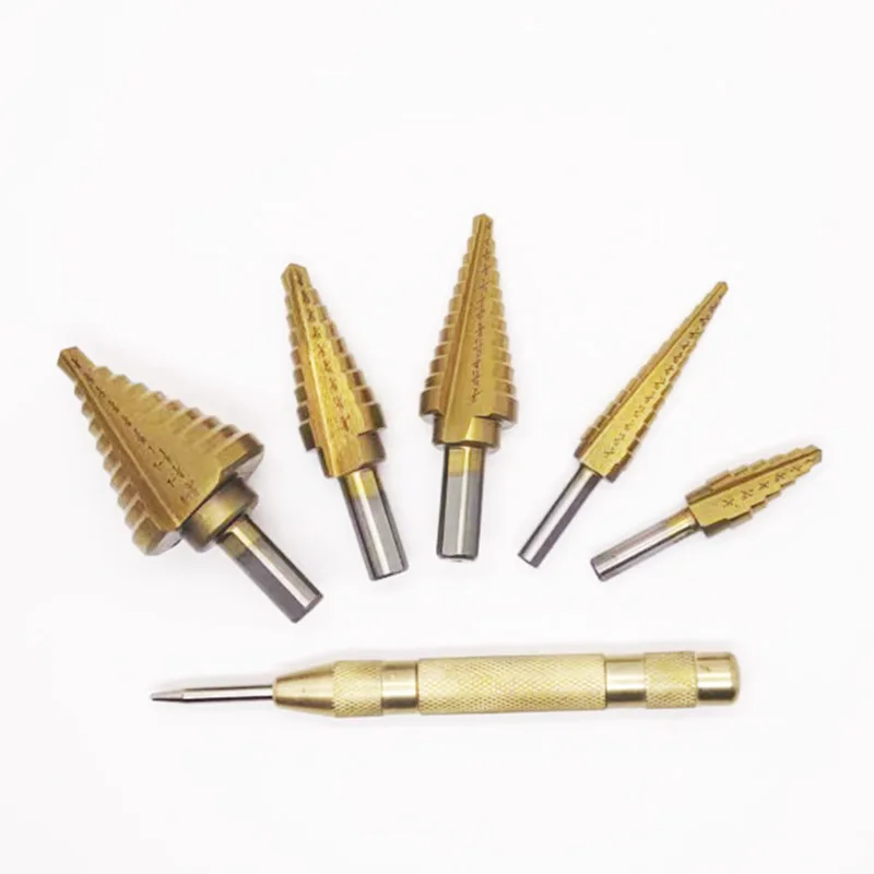 Aluminium Doos Set Van Titanium Geplateerde Stap Boor Pagode Bit 6 Stuks High-Speed Staal Multifunctionele Gat Ruimer