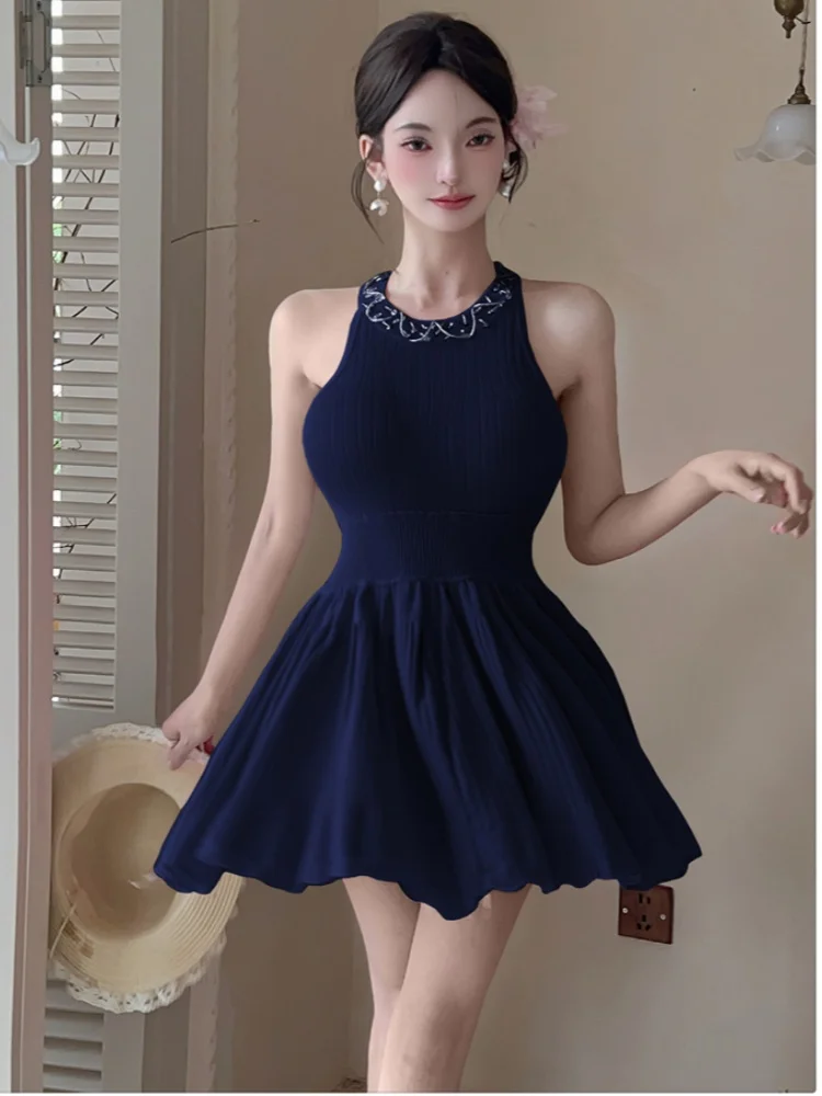 SMTHMA 작은 향기 스타일 라이트 럭셔리 비드 교수형 목 니트 드레스 여성을위한 하이 엔드 슬리밍 민소매 여름 드레스