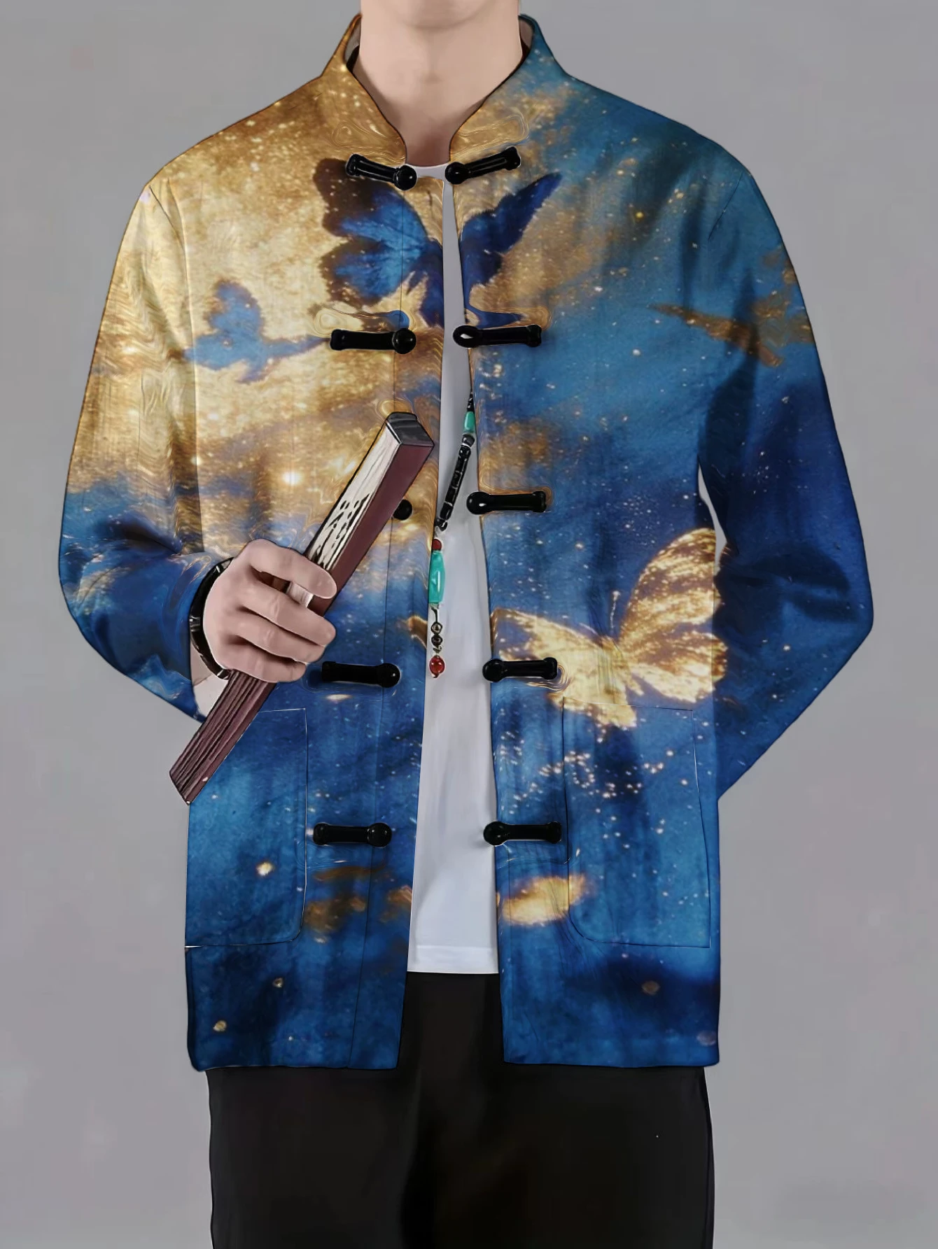 Men Retro Tang Suit Coat Mandarin Collar Frog Button Golden Dragon Cloud Allover Print Long Sleeve Fashion Outer Jacket For Male