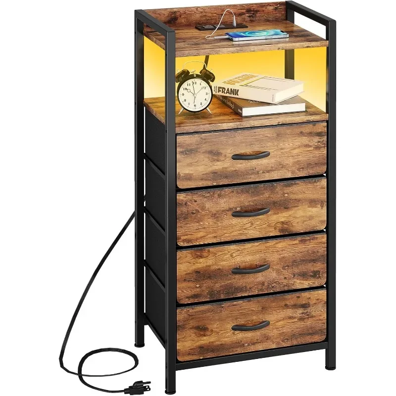

Night Stand with Charger Station and LED Light Nightstand with Drawers Bedside Table Tall Nightstand 4 Fabric Drawers