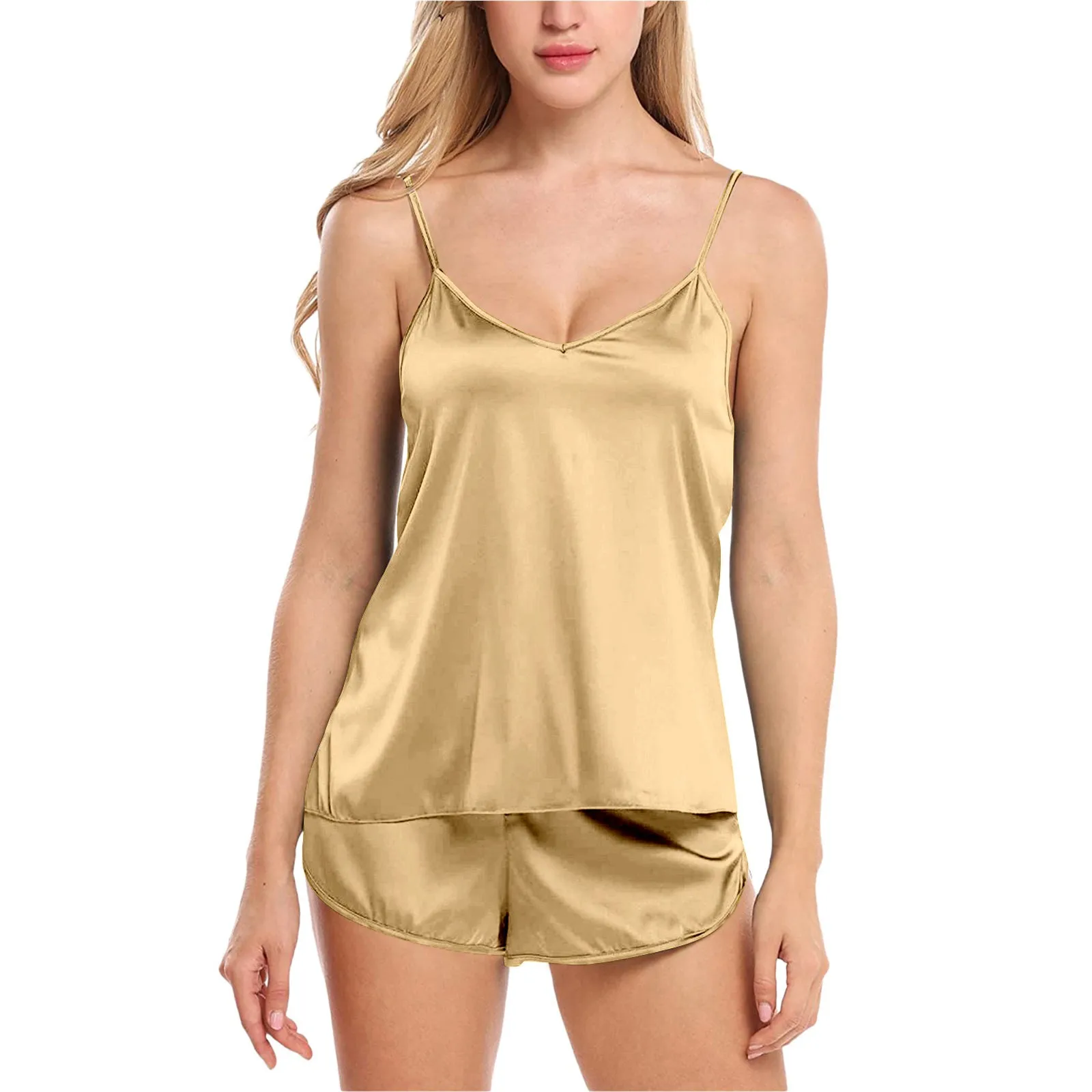 Women’s Sexy Solid Color Lingerie Sleepwear Satin Silk Camisole Shorts Pajamas Set Summer Breathable Soft Lose V-Neck Home Wear