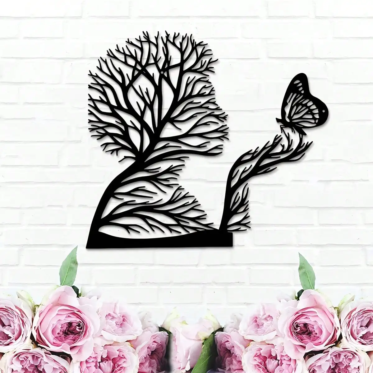 CIFbuy Arte de pared metálico: Mariposa, Árbol y Silueta de Mujer, Decoración Artesanal de Hierro para Granja, Sala de Estar, Dormitorio, Cocina, Porche Exterior