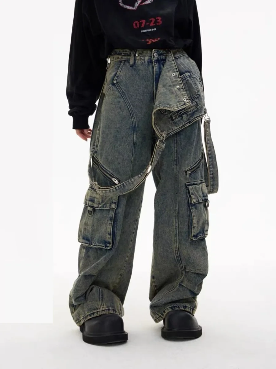 

Detachable Straps Vintage Washed Heavyweight Men's Women's Jeans Multi-Pocket Workwear Pants Couple's Cool Handsome