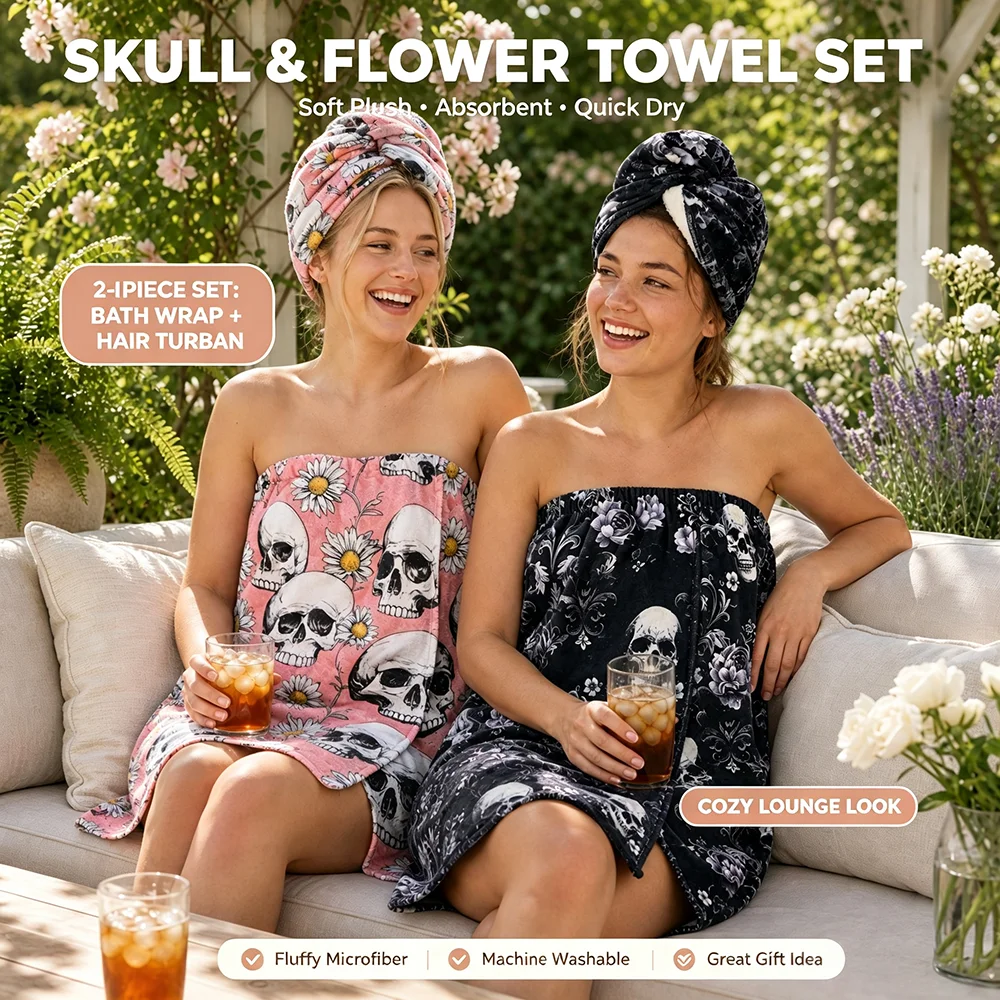 Gothic Skull Floral Bath Towel Wrap & Hair Drying Turban Set, Microfiber Absorbent Quick Dry 2 Piece Spa Wrap 30