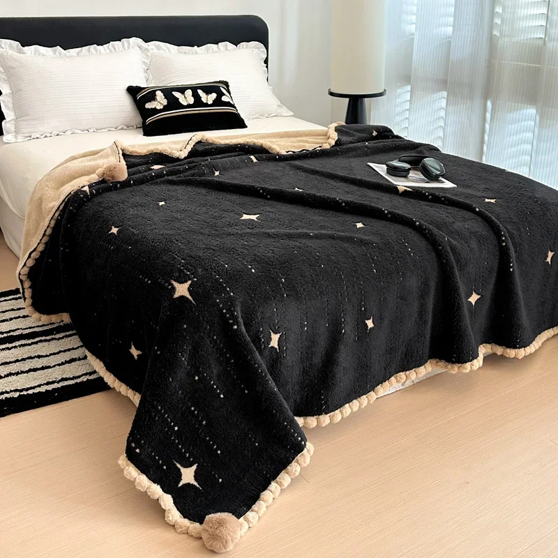 Autumn Winter Thickened Warm Blanket Soft Cozy Multi-functional Sofa Blankets Arctic Velvet Jacquard 2-layer Composite Blanket