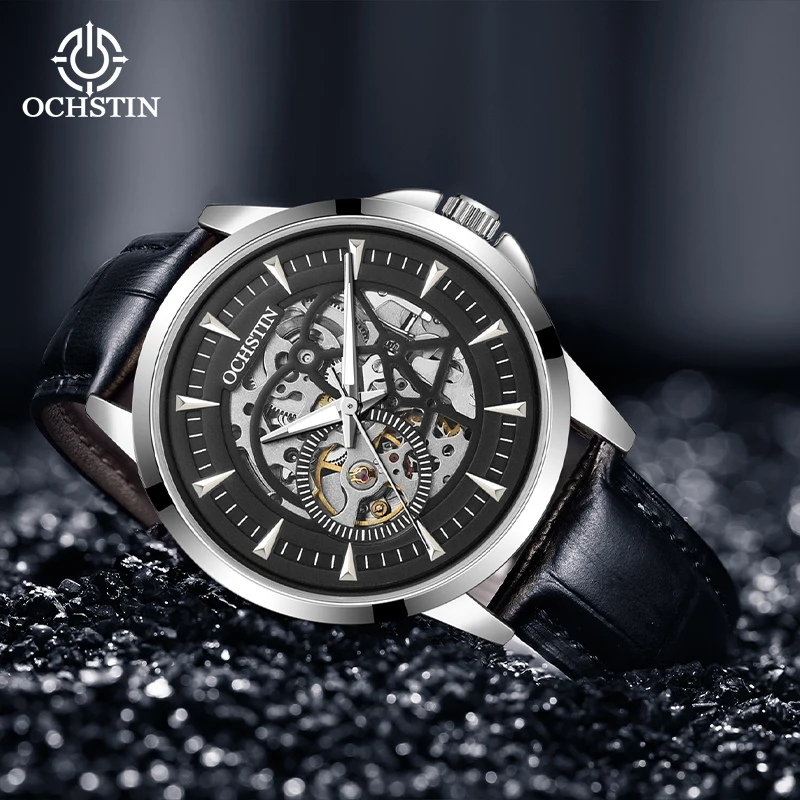 

OCHSTIN, лучшие брендовые новые мужские часы с механическим механизмом, мужские наручные часы с кожаным ремешком, водонепроницаемые роскошные классические часы со скелетом