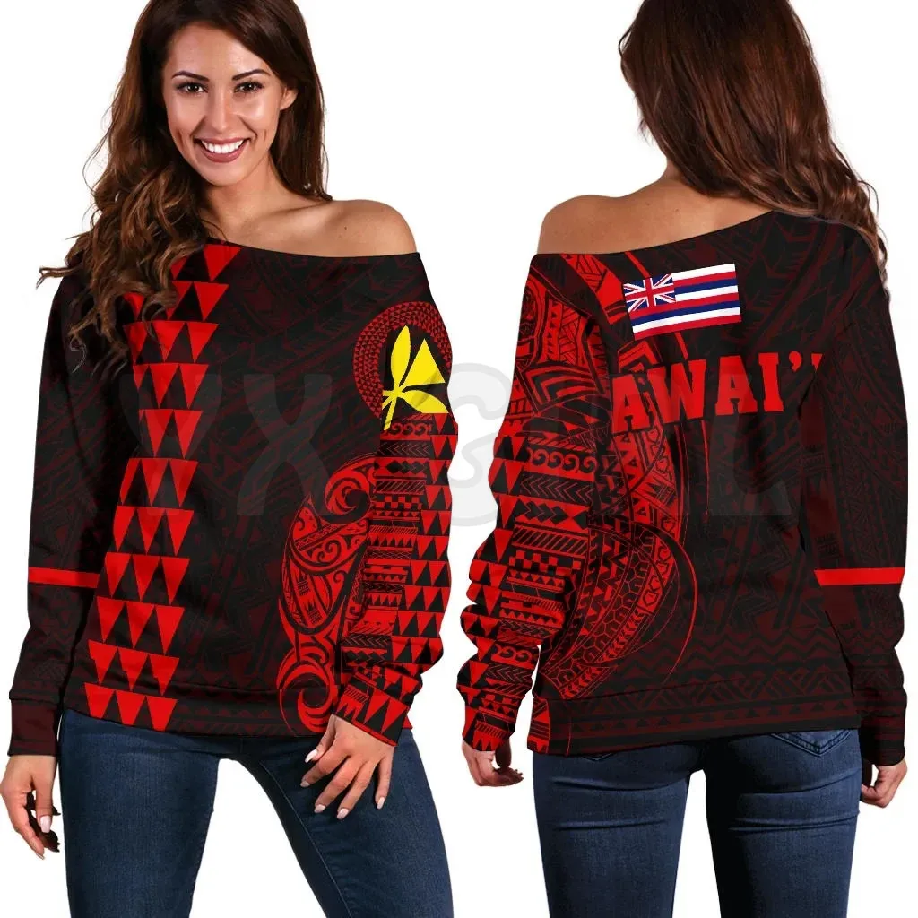 YX GIRL Hawaii Kanaka Polynesian Red 3D Printed Novelty Women Casual Long Sleeve Sweater Pullover