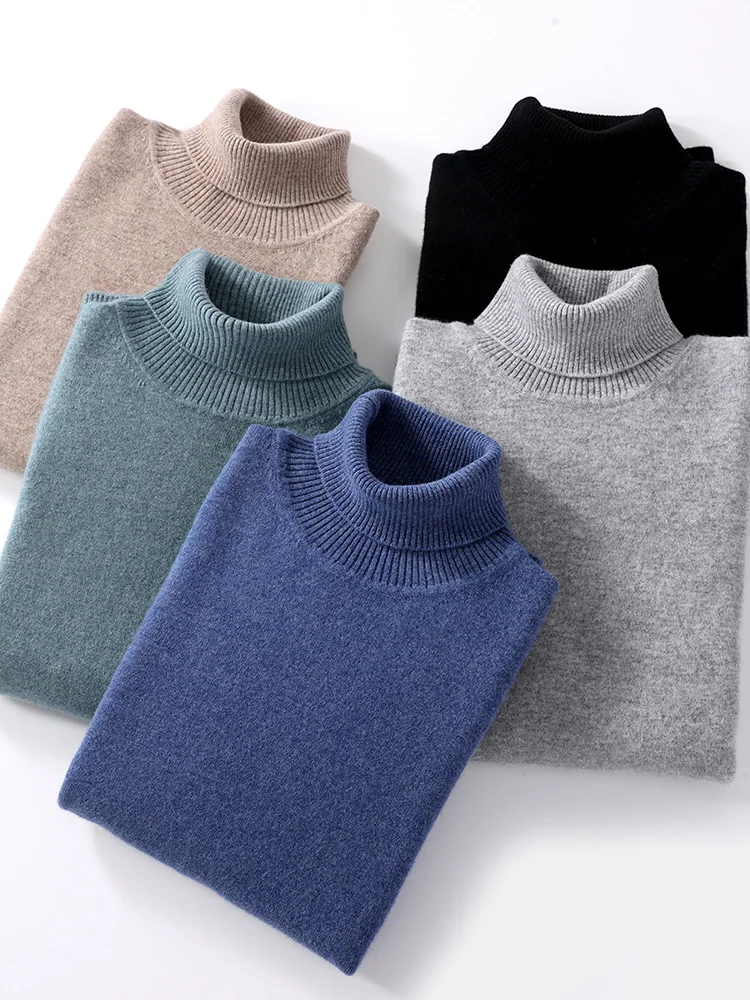 LULU Men 100% Merino Wool Knitwear Turtleneck Wool Sweater Autumn Winter Long Sleeve Bottom Pullover Smart Casual Comfort  Top