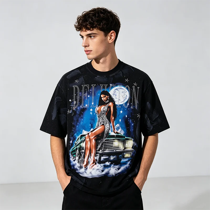 Vintage Schwarzes Graffiti Washed T-Shirt für Herren, Western Glamour Lady Grafik-Top, Oversized Y2K Rap Street T-Shirt, Distressed Kleidung 2026 – Detail 3