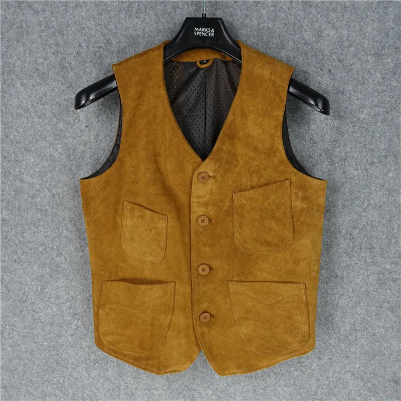 

First layer cowhide leather jacket men's vest jacket simple slim fit multi-pocket tobacco color