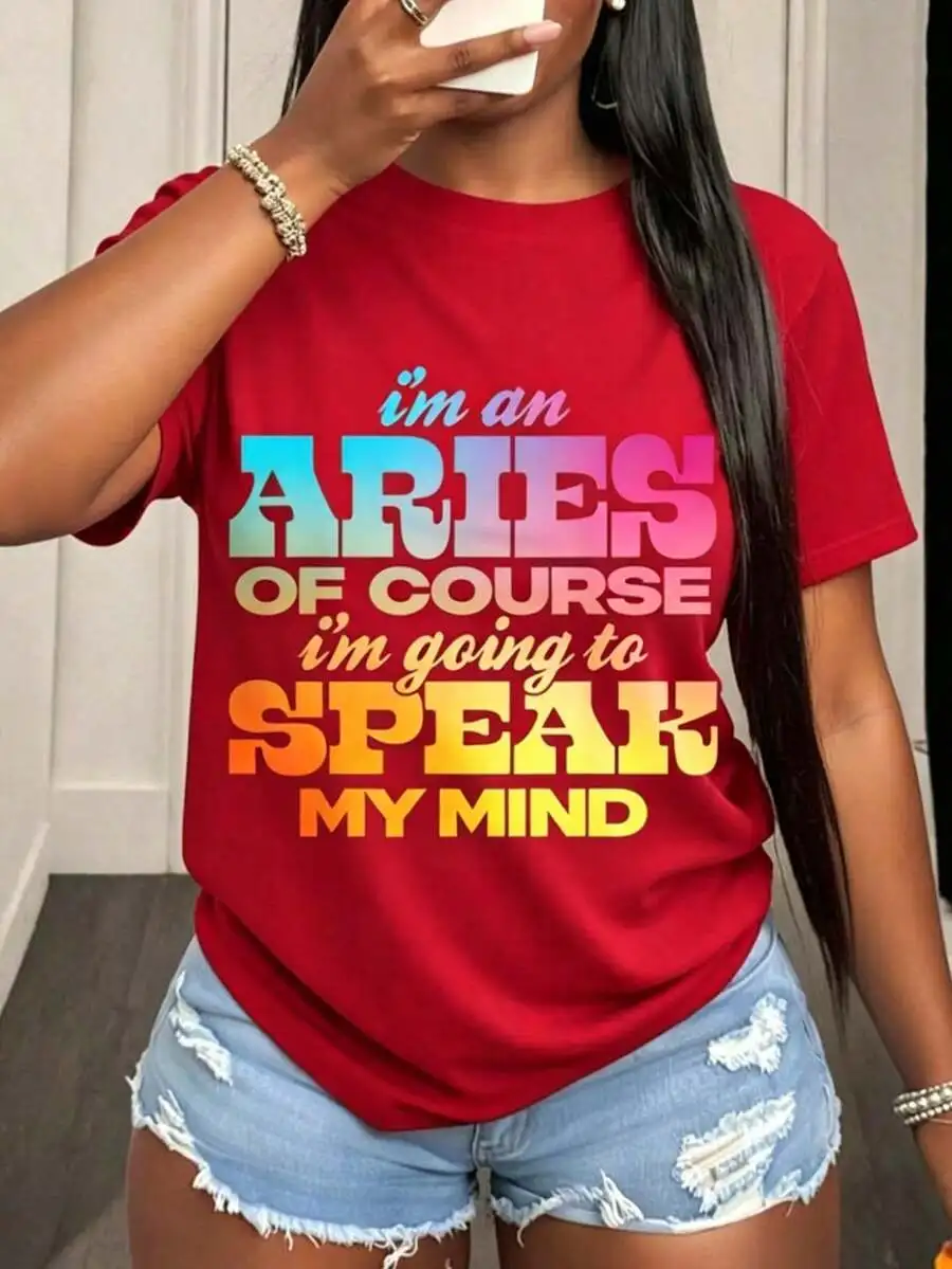 Zodiac‑Vibe Women Short‑Sleeve T‑Shirt Crew Neck I Am An Aries Of Course I'm Going To Speak My Mind Pattern Print Daily Wear Tops