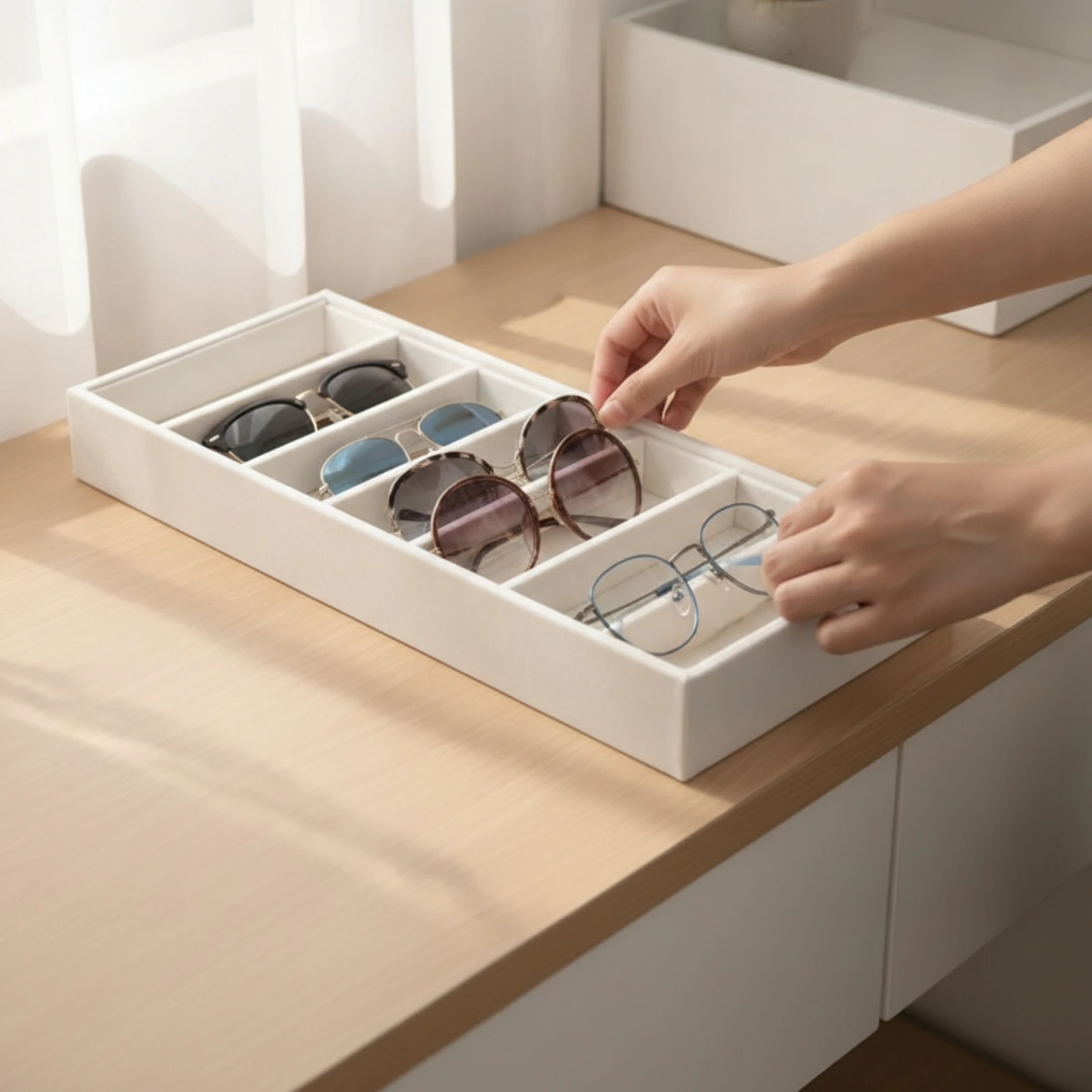 Glasses Tray with 7 Compartments Velvet Sunglasses Display Tray Sunglasses Organizer Open-Top Eyewear Display Divided