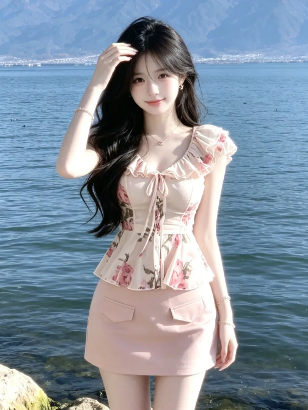 

Retro Style Unique Attractive Bodycon Skirt Two Piece Set Youthful Summer Outfit Short Sleeve V Neck Comfortable Cotton