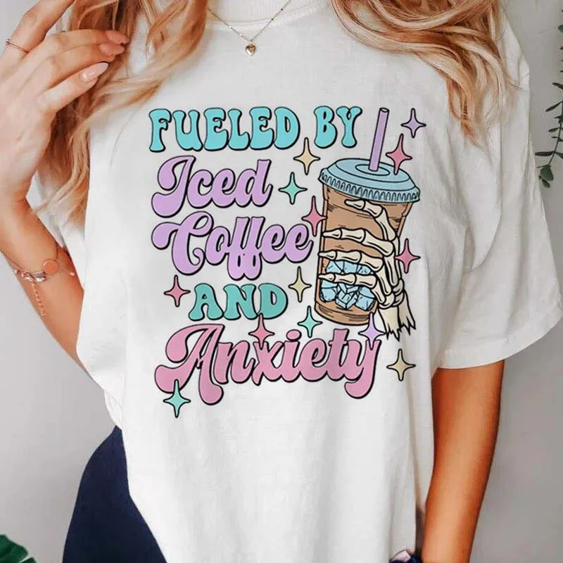 Fueled By Iced Coffee and Anxiety Printed Letter Cartoon Women's Summer Short Sleeved Printed T-Shirt Basic Top Beach T-Shirt