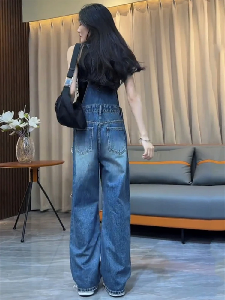Jeans Women Denim Cargo Pants Wide Leg Long Pant Jumpsuit Y2k Streetwear Button Pocket Casual Straight Trousers Overalls