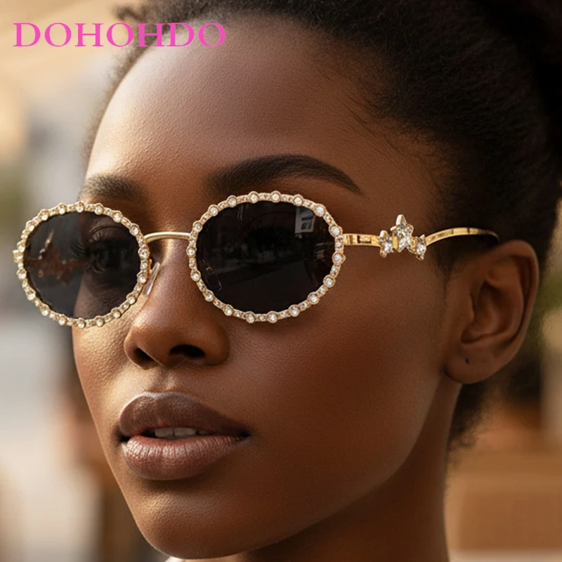 

Vintage Y2K Metal Oval Imitation Diamond Women Sunglasses Fashion Designer Men Punk Sunglass Outdoor Travel Shade Glasses UV400