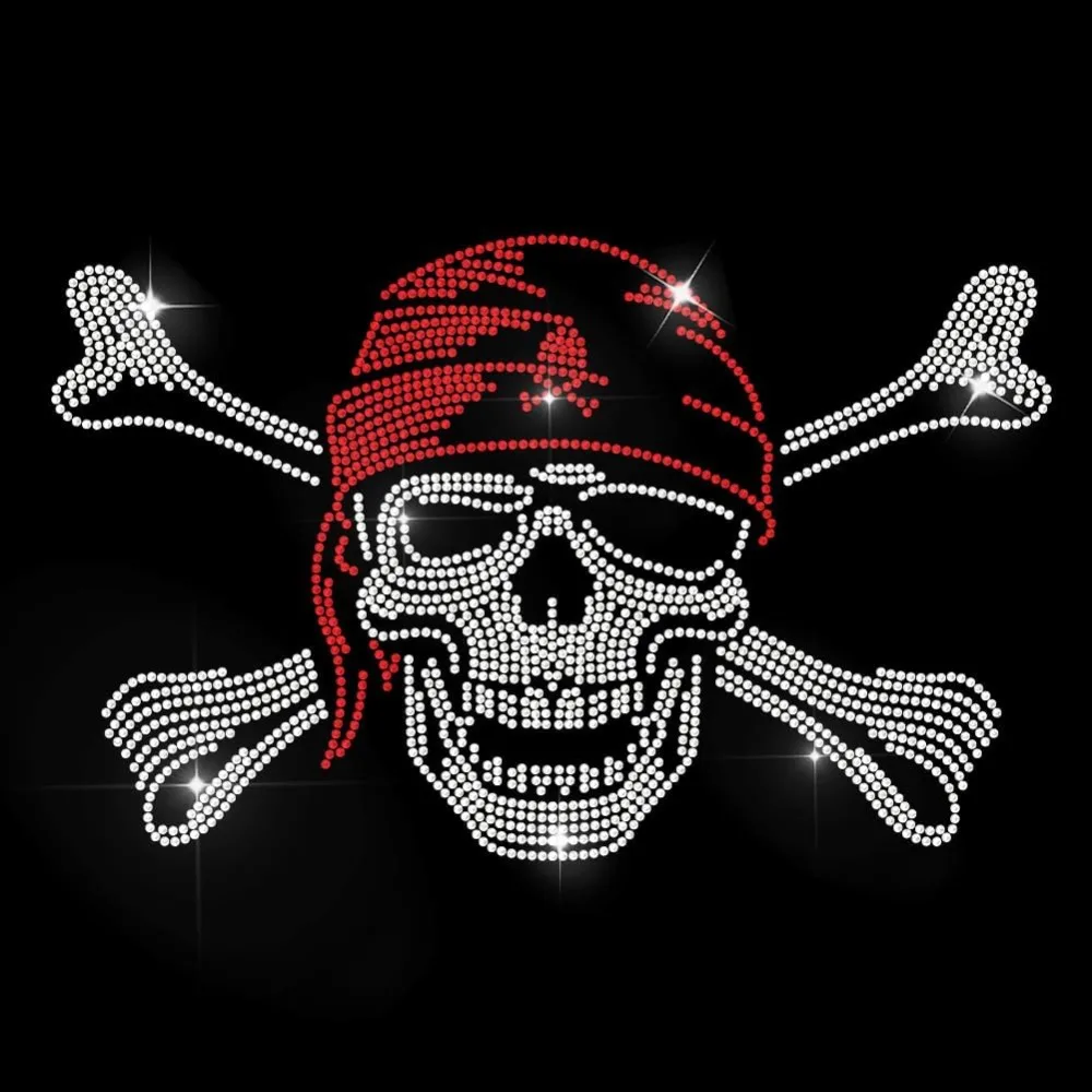 Pirate Rhinestone Iron on Hotfix Transfer Red Bandana  Heat Transfer Sticker Crossed Bones Bling Clothing Decoration