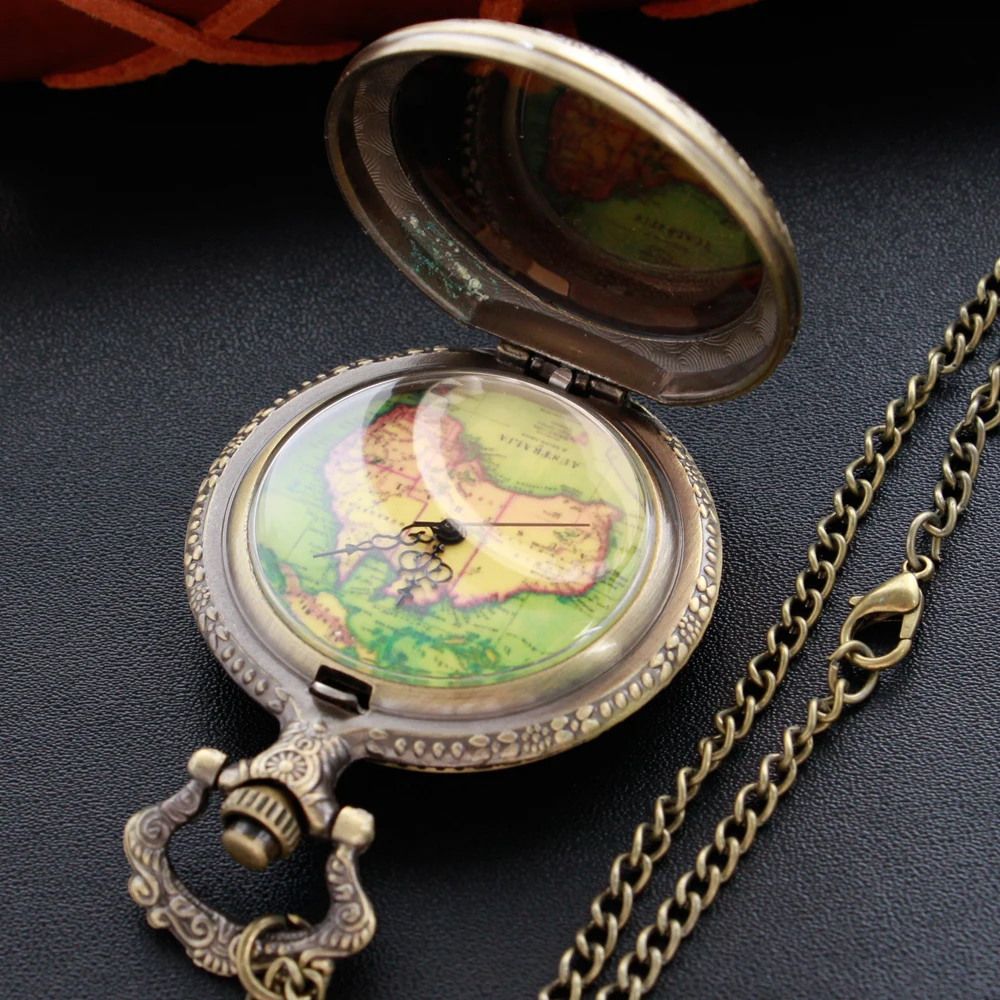 Bronze Map Section Gum Drop Pocket Watch Vintage Steampunk Arabic Digital Necklace Pendant Chain for Men and Women Gifts CF1059