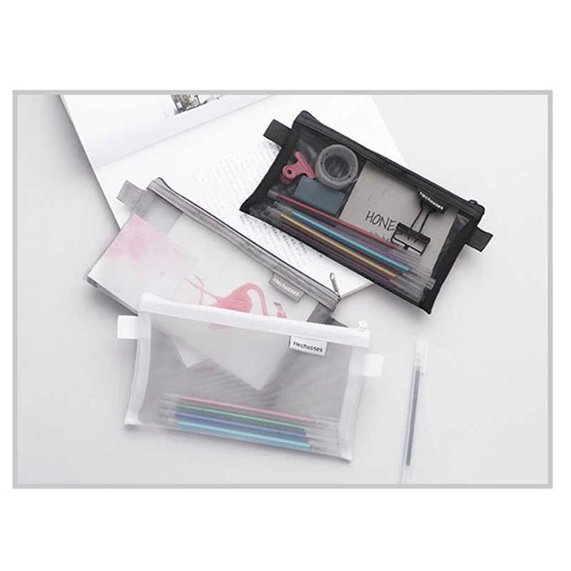 Simple Transparent Mesh Zip Organiser Student Exam Portable Large Capacity Stationery Bag