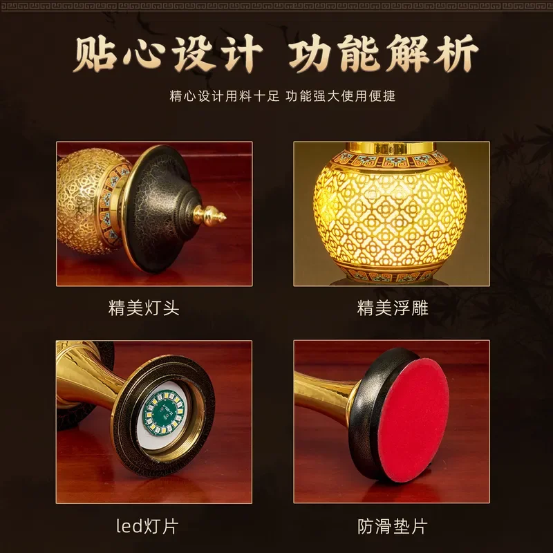Pure Copper Buddha Lamp LED Long Light Plug in Chinese Retro Home Decor Ornament Religious Statue Front Lighting Fixture Pair