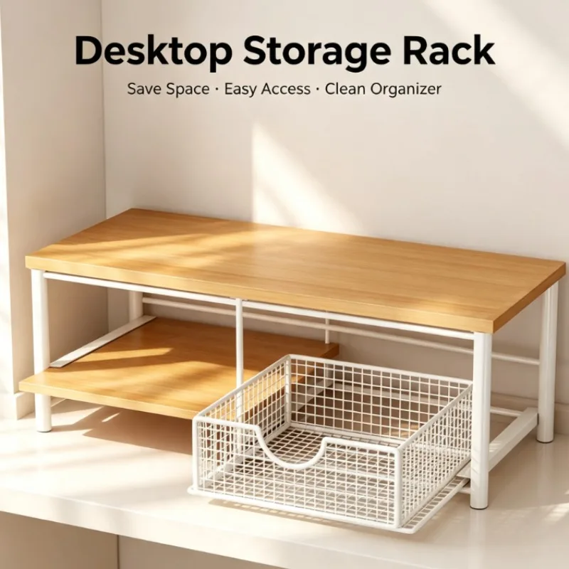 Kitchen Countertop Organizer Rack With Bamboo Top And Pull Out Wire Basket Storage Shelf For Coffee Machine Microwave