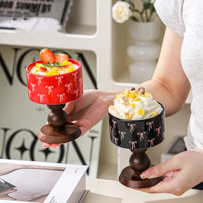 Retro French Ceramic Goblet Wooden Handle Snack Cup Creative Printed High-legged Ice Cream Cups Home Breakfast Mug Drinkware