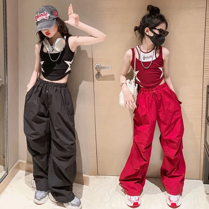 

2024 New Girl Set Children's Tight Tank Top Work Pants Two Piece Set Fashion Children's Street Dance Performance Dress Big Kids