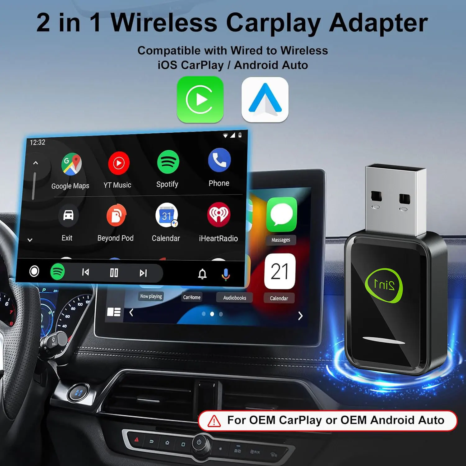 ワイヤレスCarPlayアダプター 2in1機能 ワイヤレスCarPlay AIボックス ミニスマート Easyconnect USBドングル カープレイボックス
