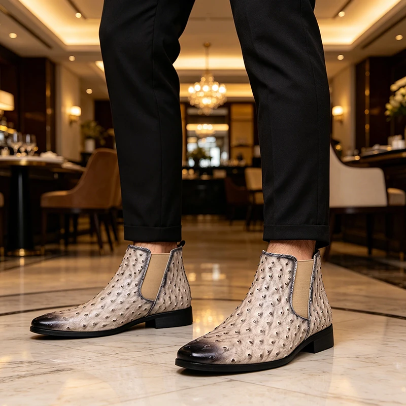 Men Ostrich Pattern Chelsea Ankle Boots Fashion Formal Leather Boots Elastic Slip-on Daily Business Wedding Party Dress Shoes