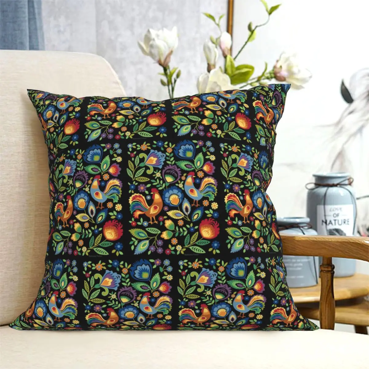 Polish Folk Roosters Square Pillowcase Cushion Cover Pillow Case Throw Pillow Cover for Home Bedroom Car