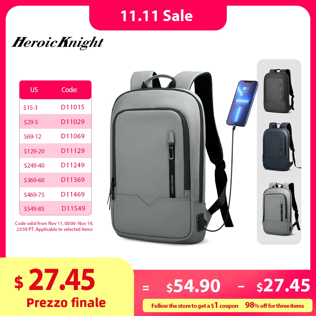 

Heroic Knight Backpack for 14" laptop Thin Men Multifunctional Business Backpack Waterproof USB Charging Work Travel Backpack