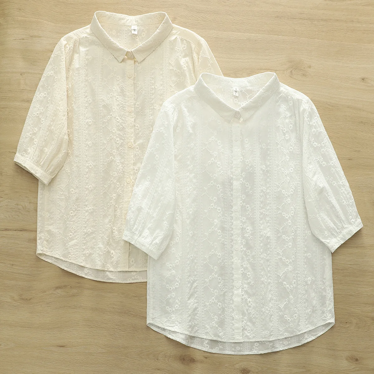 

Japanese Sweet Mori Girl Solid Color Embroidery 100% Cotton Shirts Women Summer Turn Down Collar Short Sleeve Casual Blouse Tops