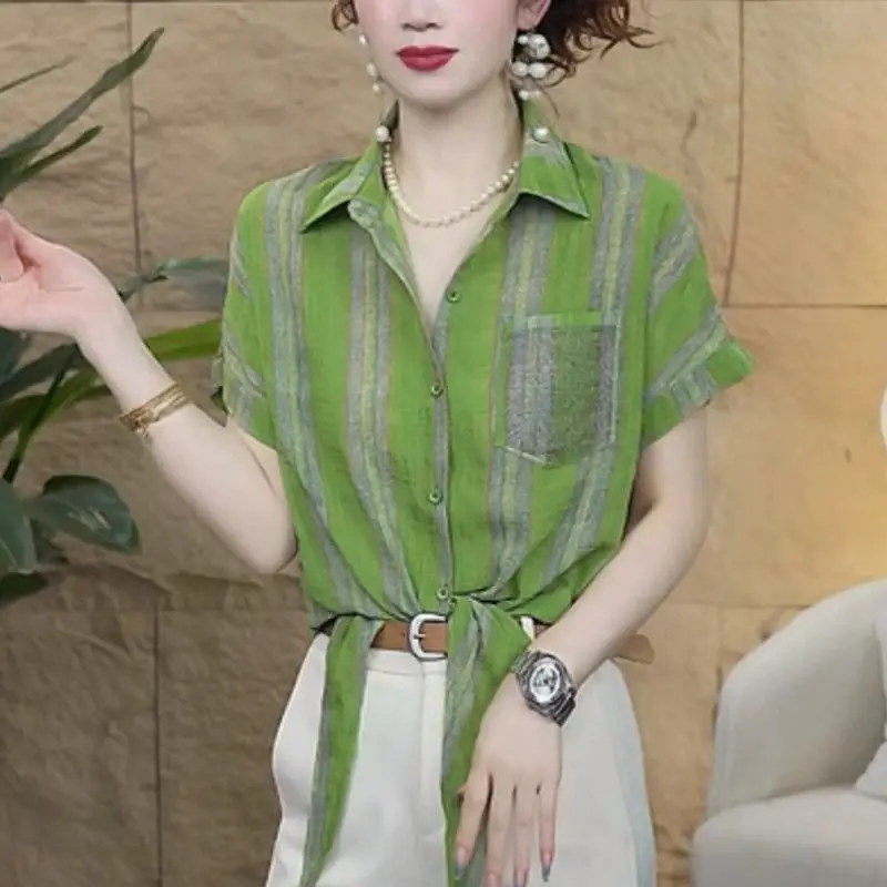 

Summer Loose Striped Short Sleeve Shirt Stylish Versatile Top