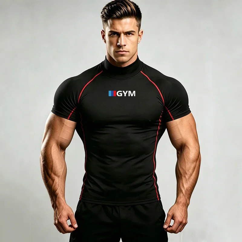 Summer Sports Tops Quick Dry Compression Mens High Neck Shirt Short Sleeve Second Skin Gym Workout Short Fitness Running T-Shirt