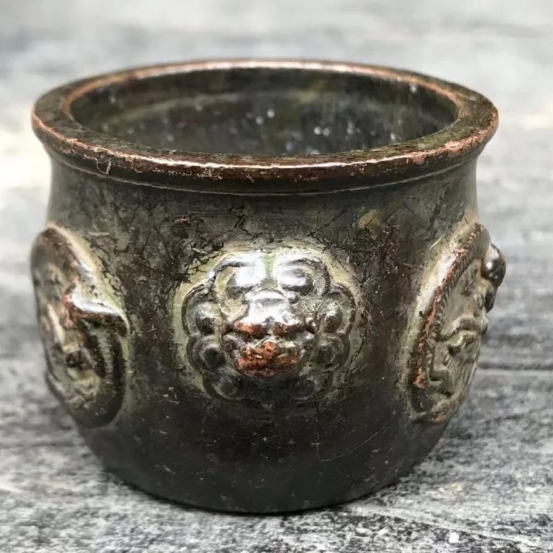 Antique Lion Head Xuande Incense Burner Ashtray Study Pen Washer Copper Cylinder