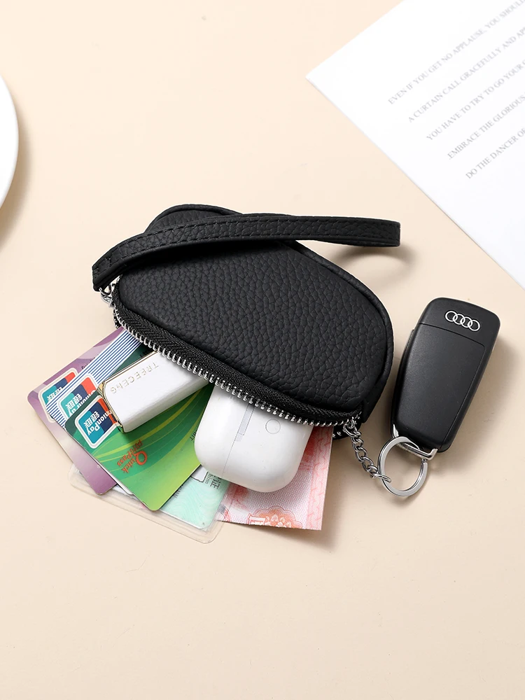 

Кошелек для ключей из мягкой кожи на молнии, интегрированный с чехлом для наушников, однотонный, с узором личи, компактный, портативный, простой дизайн, монетница