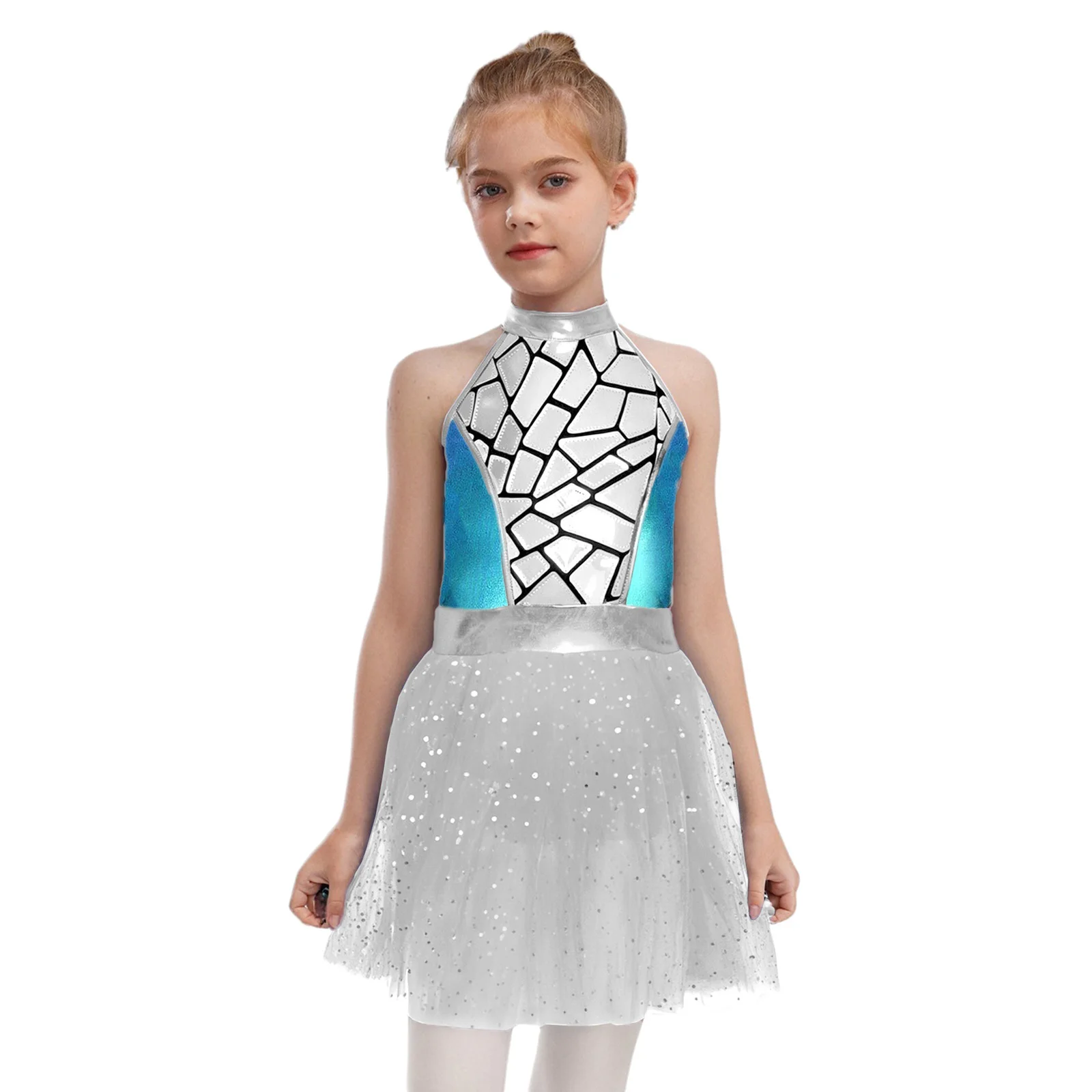 

Halloween Galaxy Space Alien Astronaut Cosplay Dress Costume Halter Sleeveless Built-in Briefs Mesh Tutu Dresses