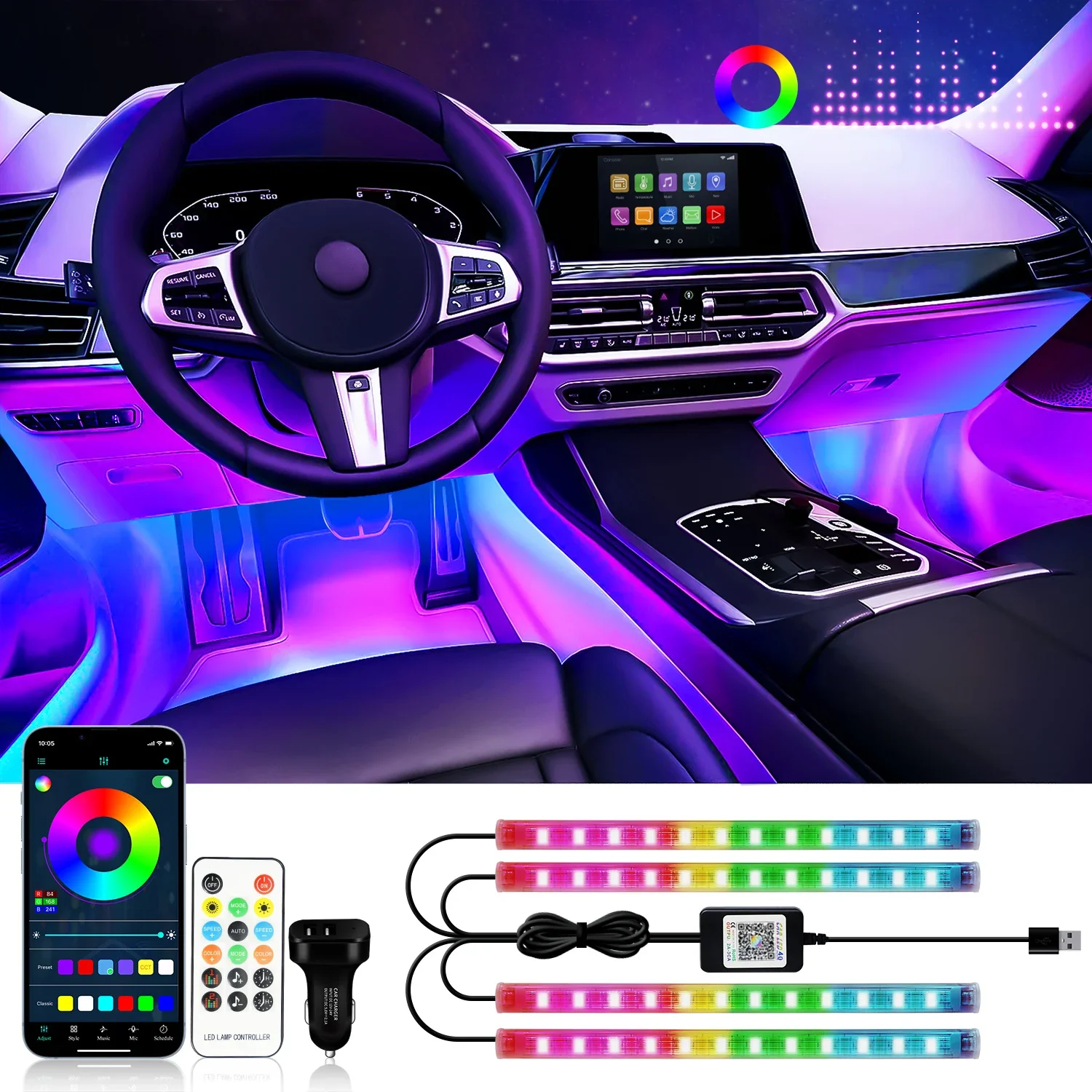 1 set Neon LED Car Interior Ambient Foot Strip Light Kit Accessories Backlight Remote App Control Auto RGB Decorative Lamps