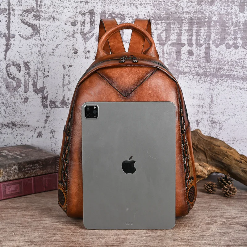 PU leather retro Chinese-style Tang grass embossed student schoolbag, large-capacity lightweight portable travel backpack