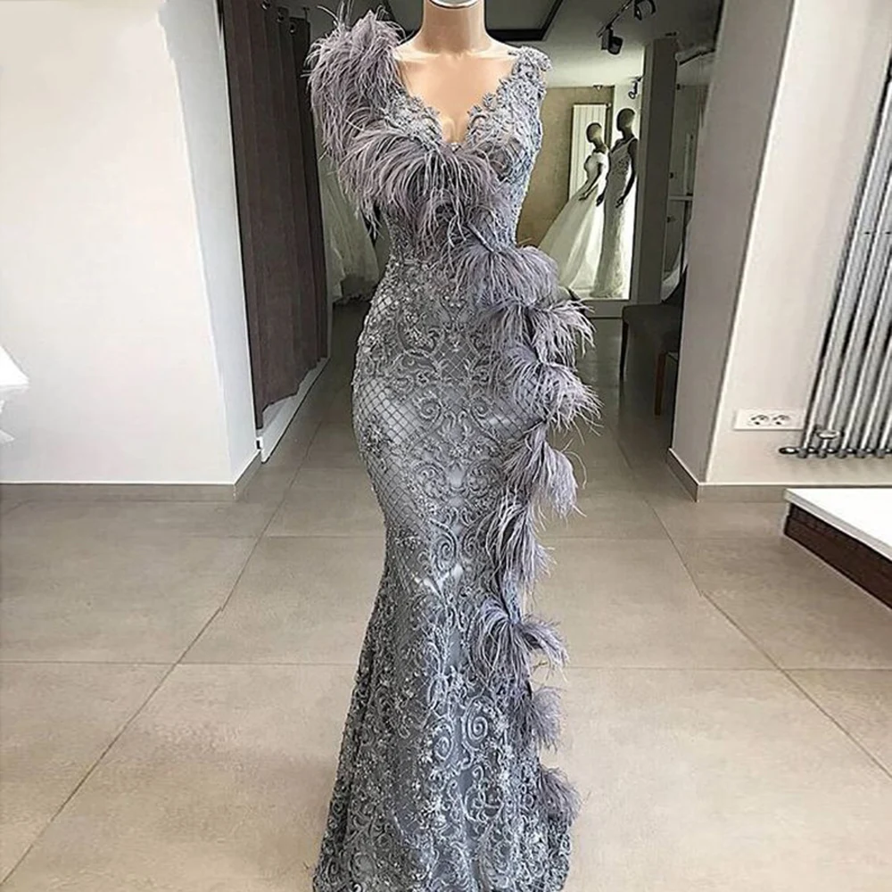 

Dubai Evening Dresses Ostrich Shoulder vestido de fiesta de boda Arabian Long Evening Dress Grey Applique vestidos formales