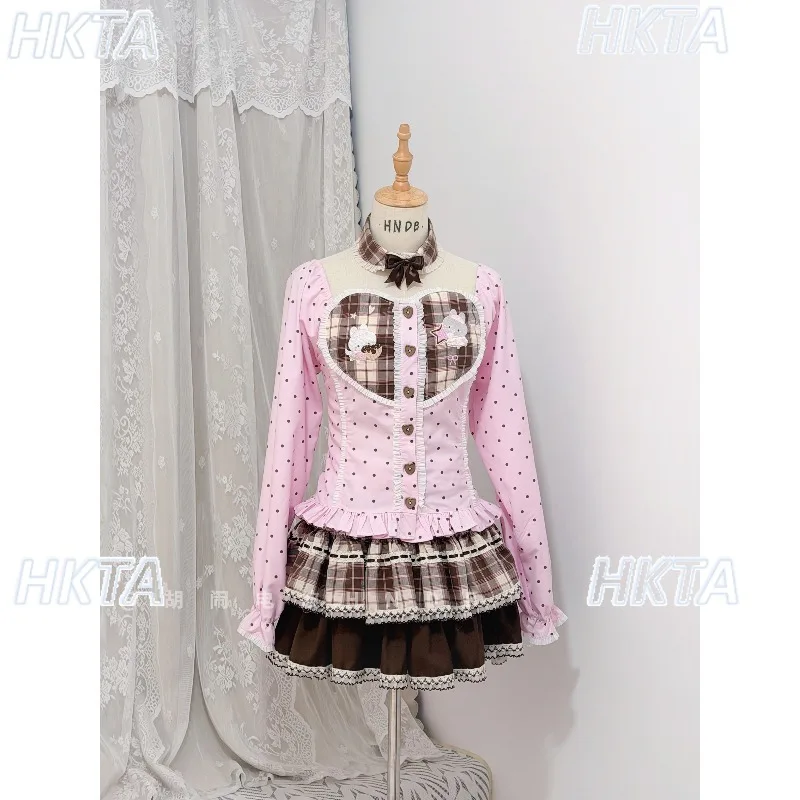 Original Japanese Cute Lolita Top Short Skirt Set Autumn New Polka Dot Cute Long-sleeved Shirt Pleated Plaid Skirt Women Outfits