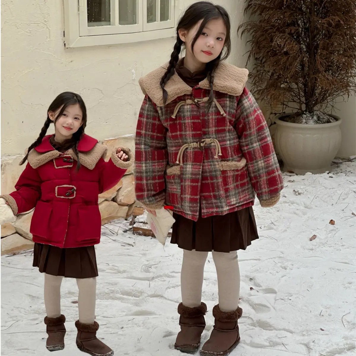 1-10Y Girls Winter Duffle Coat Reversible Plaid Turndown Collar Kid Girls Overcoat Sweet Style Cotton Toddler Girls Warm Jacket