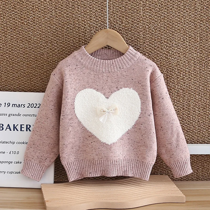 2024 new girls sweater integrated fleece pullover baby girl fleece thickened love knitted tops